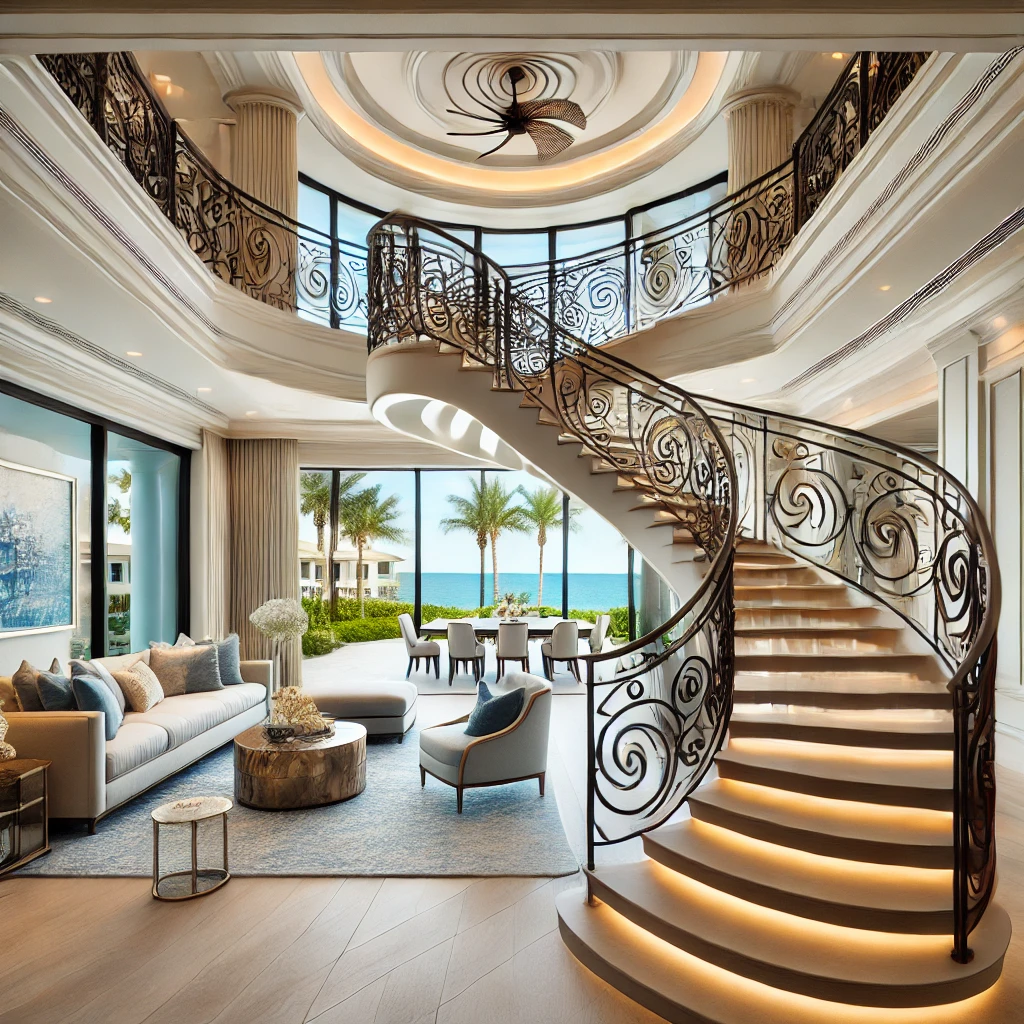 Learn how custom spiral stair railings can add elegance and function to luxury homes in Palm Beach with metal and glass designs. palmbeachrailings.com